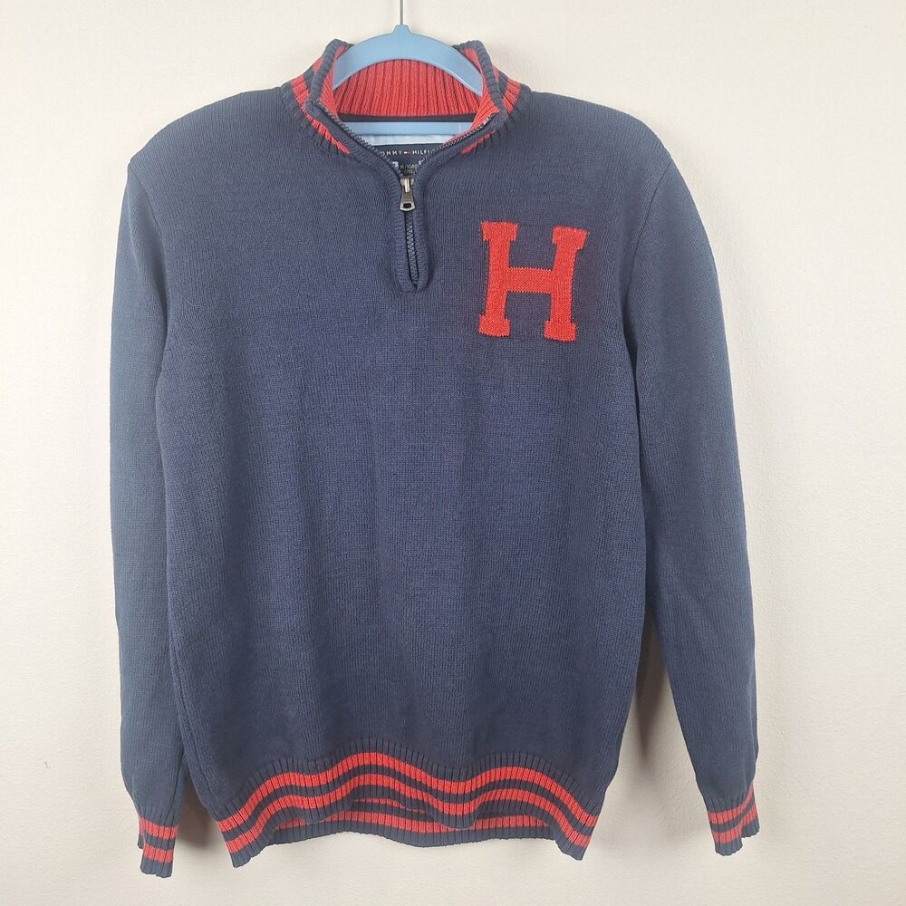 Tommy Hilfiger Boys Quarter Zip "H" Logo Navy Sweater Preppy Size XL